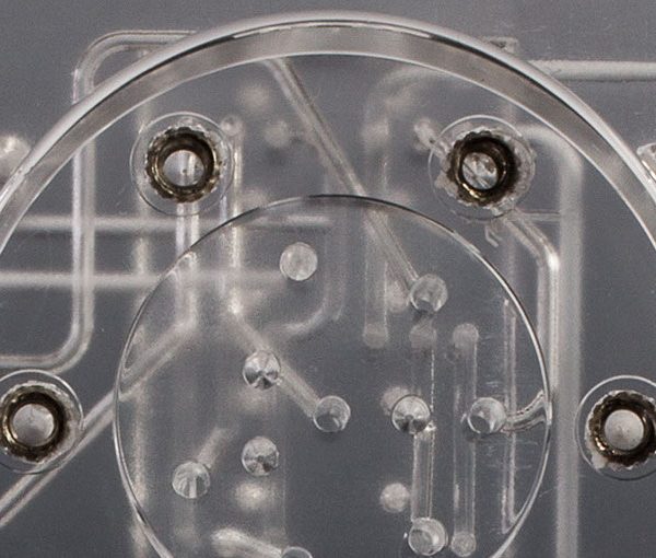 Close up of Steel Inserts in a Threaded Port in a Diffusion Bonded Plastic Manifold